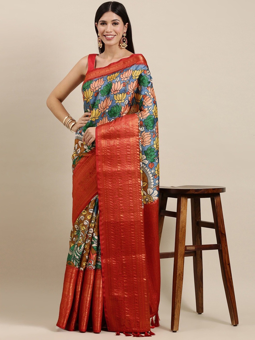 

MOKSHA DESIGNS Kalamkari Pure Silk Banarasi Saree, Blue