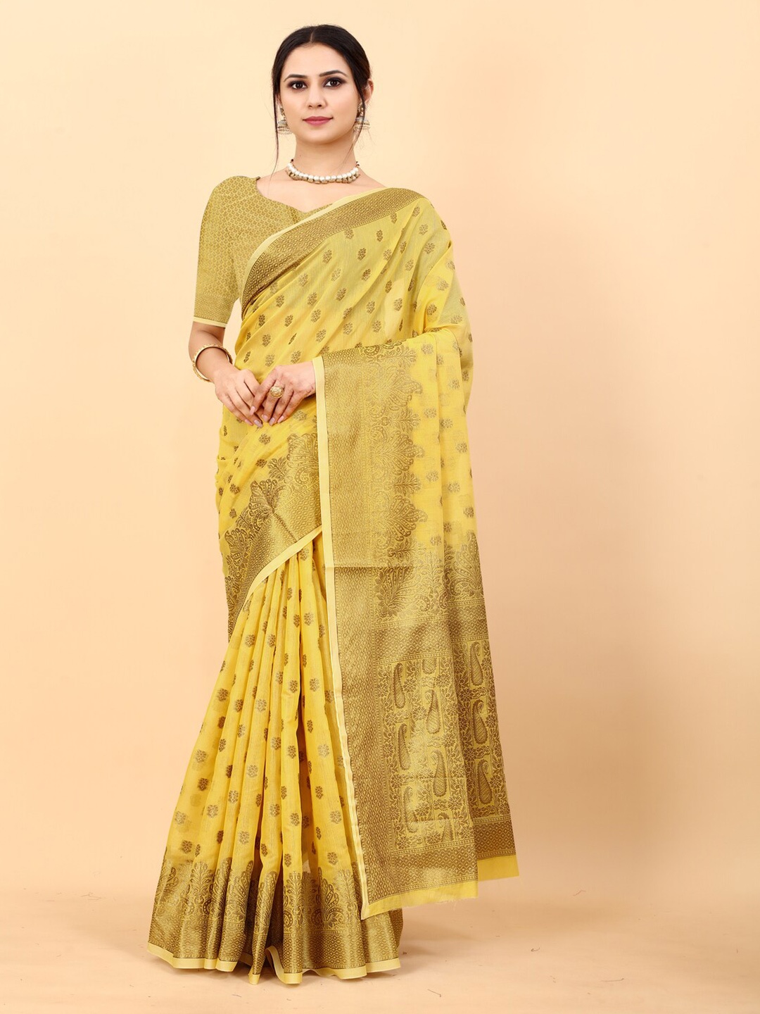 

MOKSHA DESIGNS Woven Design Zari Detailed Pure Silk Chanderi Saree, Gold