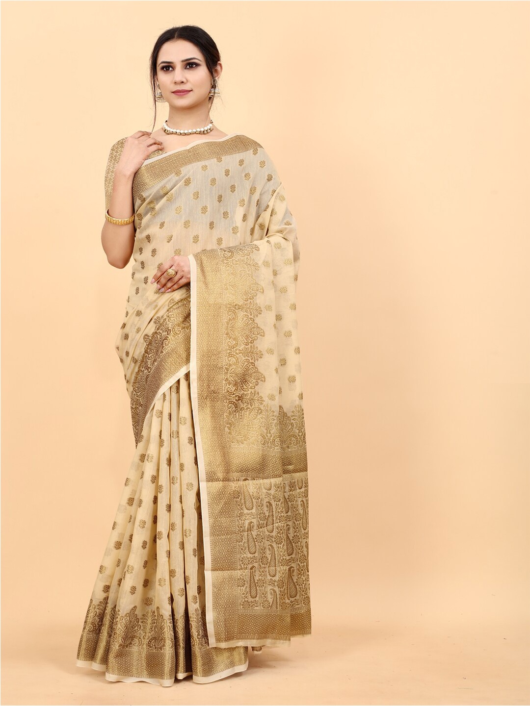 

MOKSHA DESIGNS Woven Design Zari Detailed Pure Silk Chanderi Saree, Brown