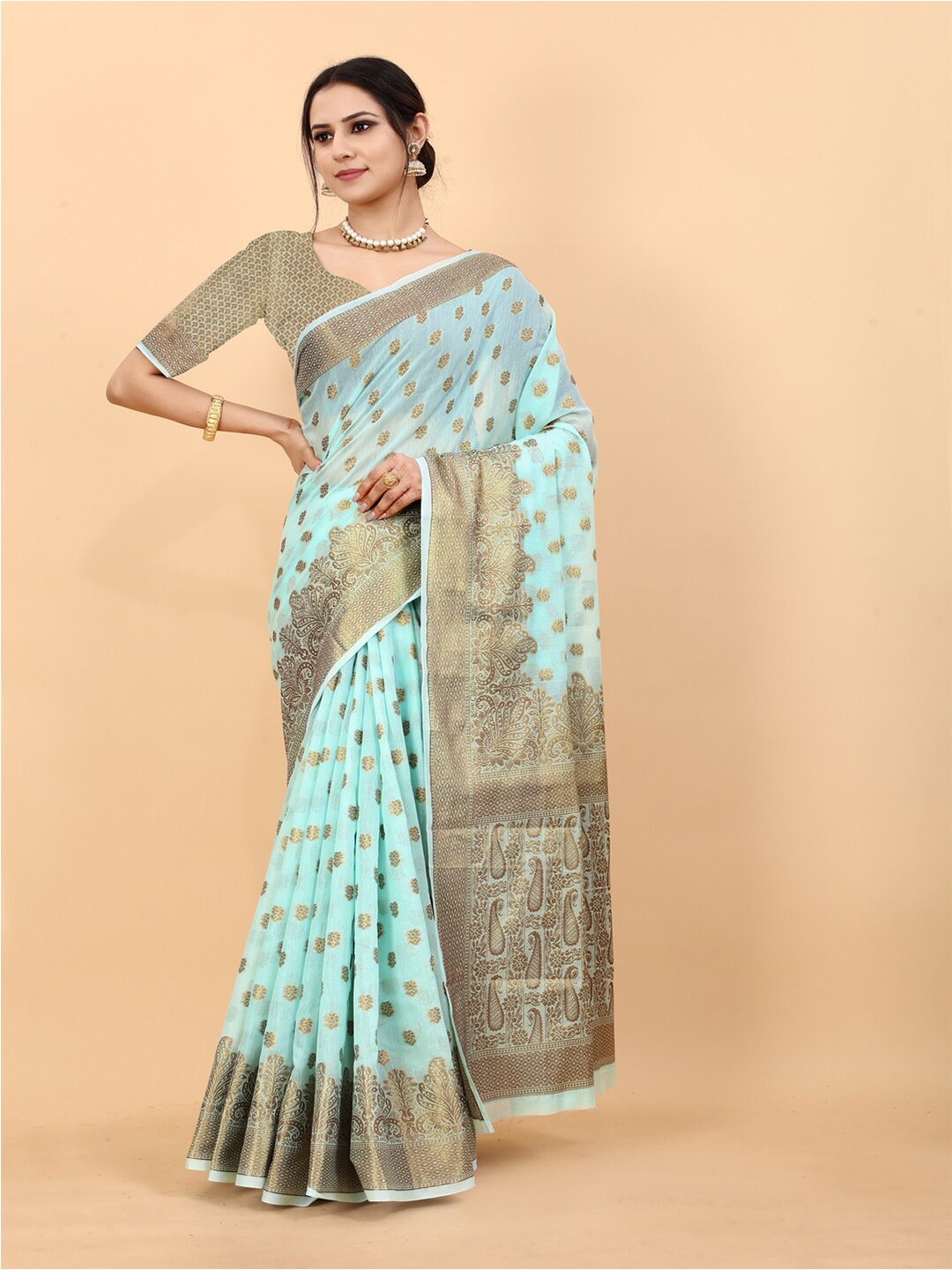 

MOKSHA DESIGNS Woven Design Zari Detailed Pure Silk Chanderi Saree, Blue