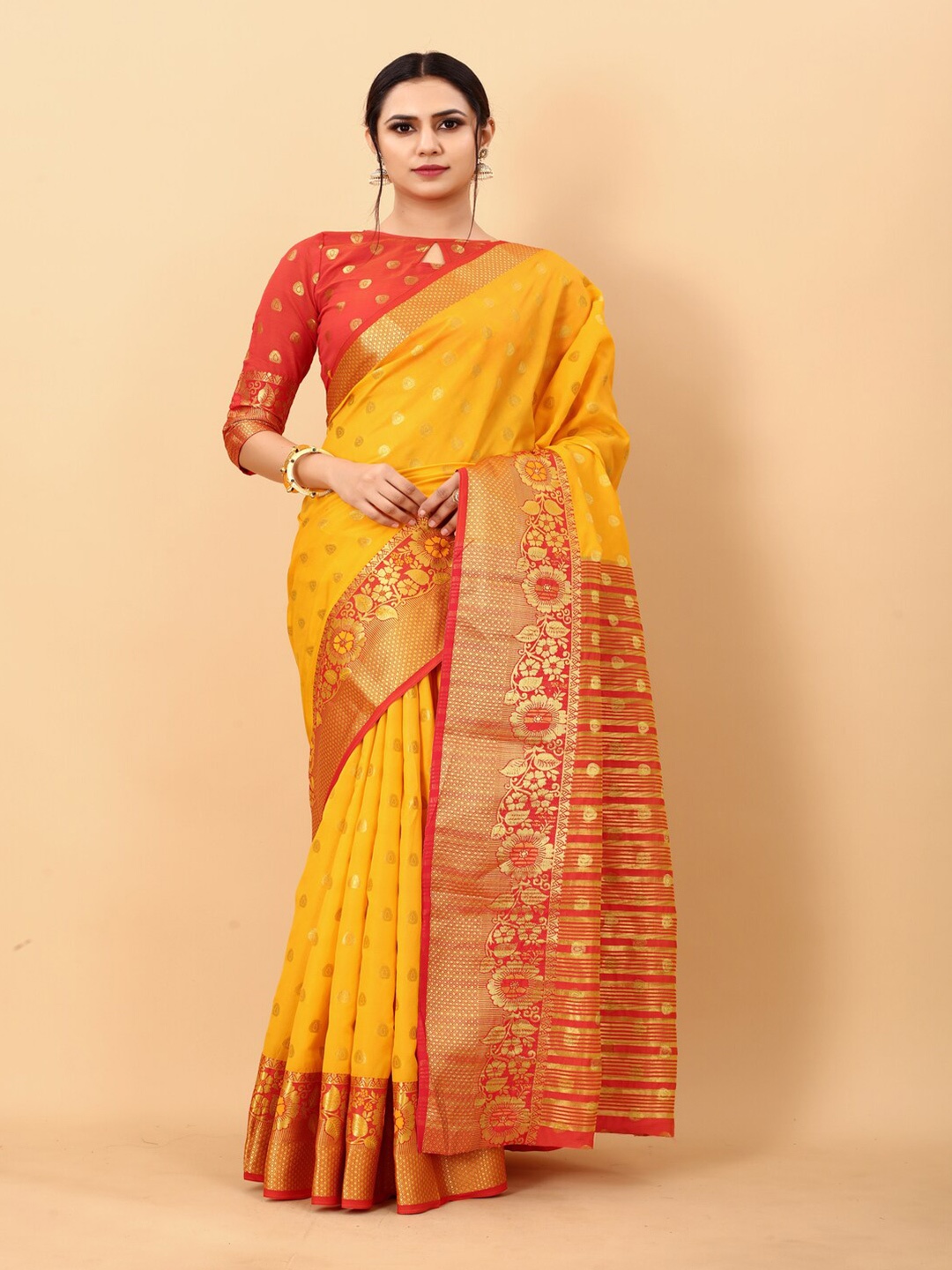 

MOKSHA DESIGNS Woven Design Zari Detailed Pure Silk Kanjeevaram Saree, Yellow