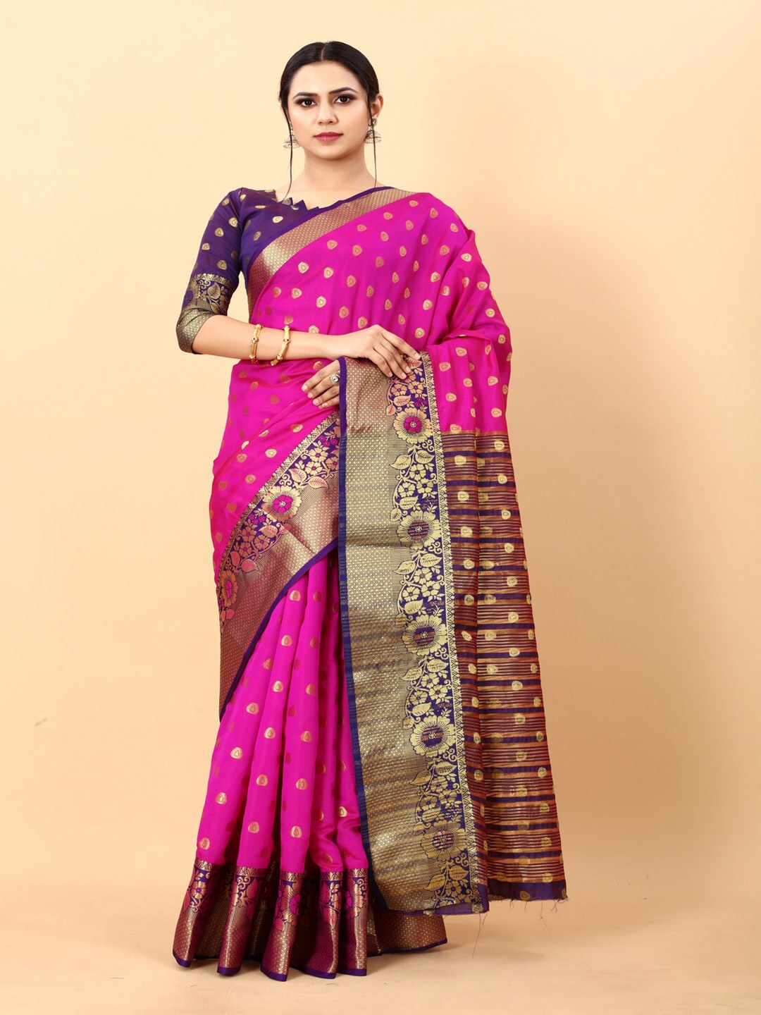 

MOKSHA DESIGNS Ethnic Motifs Woven Design Zari Pure Silk Kanjeevaram Saree, Pink