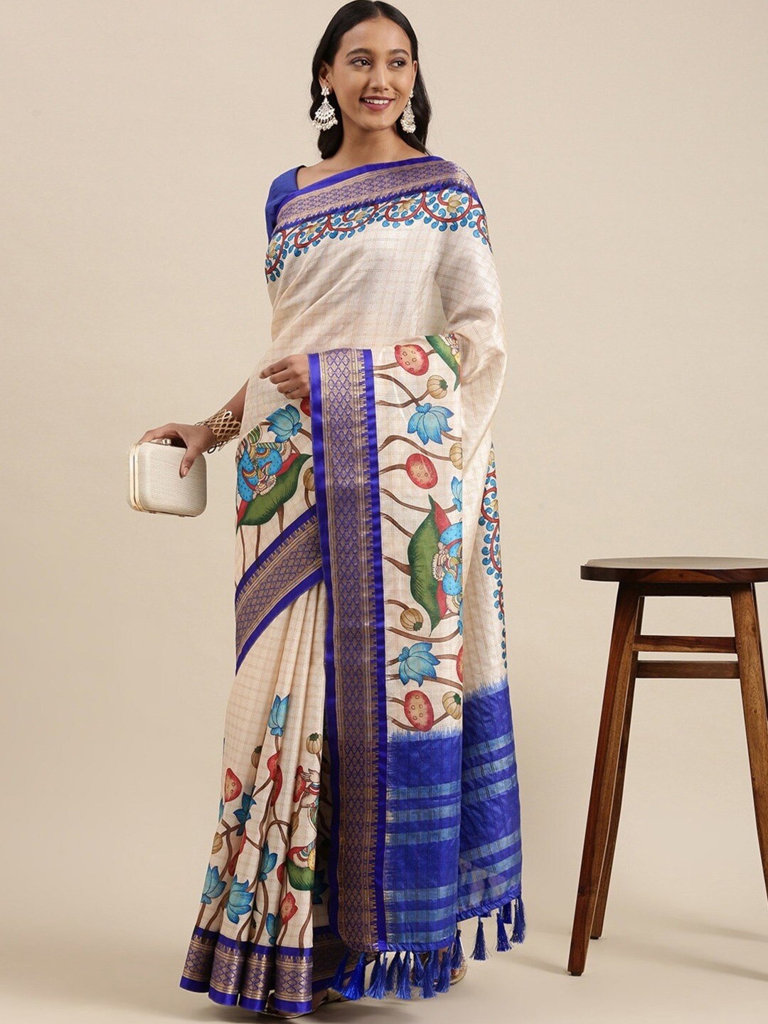 

MOKSHA DESIGNS Kalamkari Zari Pure Silk Banarasi Saree, Blue