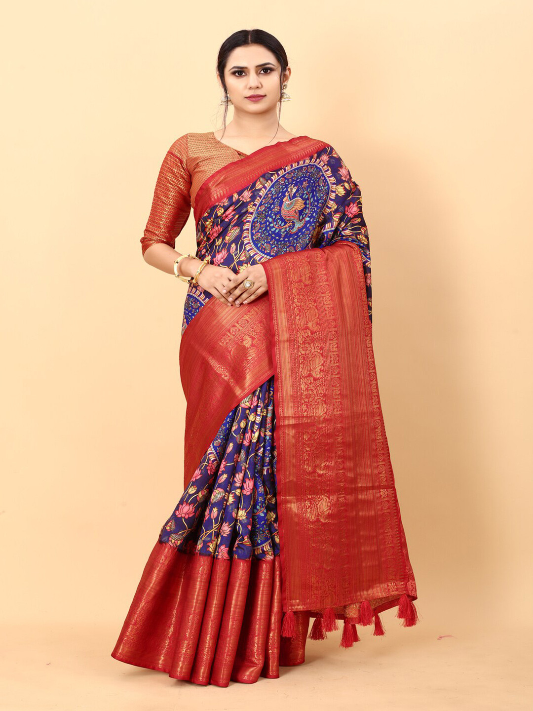 

MOKSHA DESIGNS Kalamkari Zari Detailed Pure Silk Banarasi Saree, Navy blue