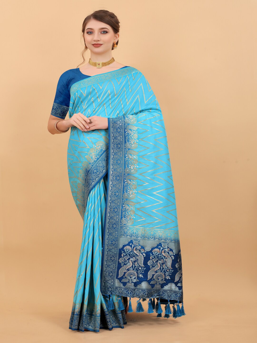 

MOKSHA DESIGNS Woven Design Zari Pure Silk Banarasi Saree, Blue