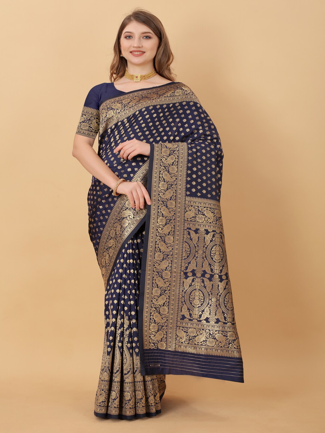 

MOKSHA DESIGNS Woven Design Zari Detailed Pure Silk Banarasi Saree, Navy blue