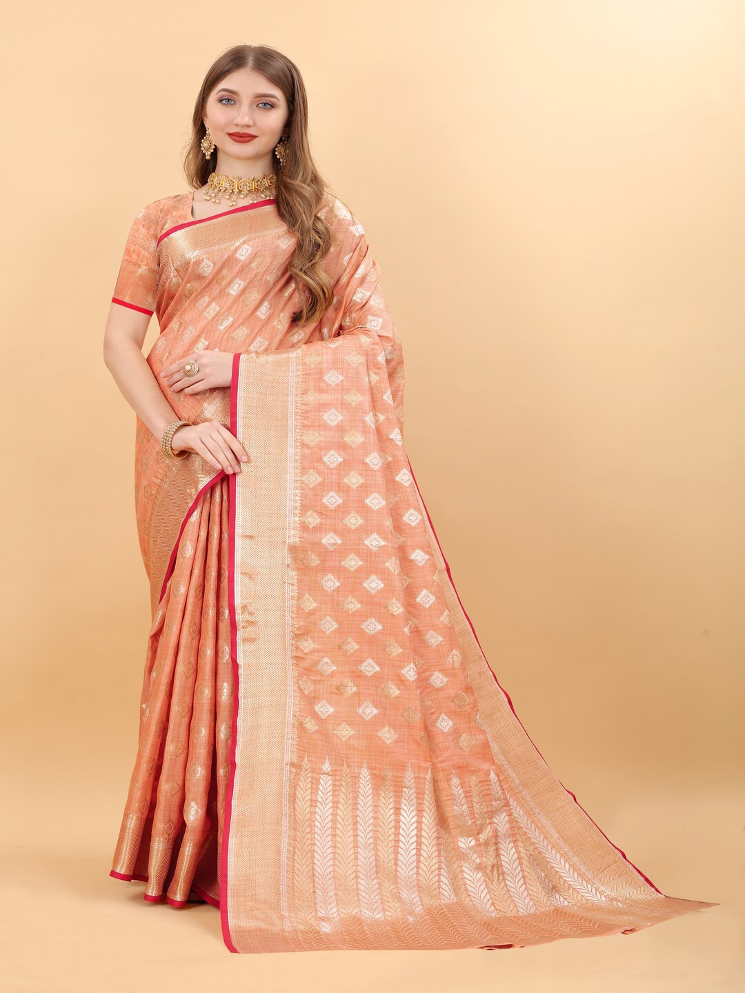 

MOKSHA DESIGNS Ethnic Motifs Woven Design Zari Pure Silk Banarasi Saree, Peach