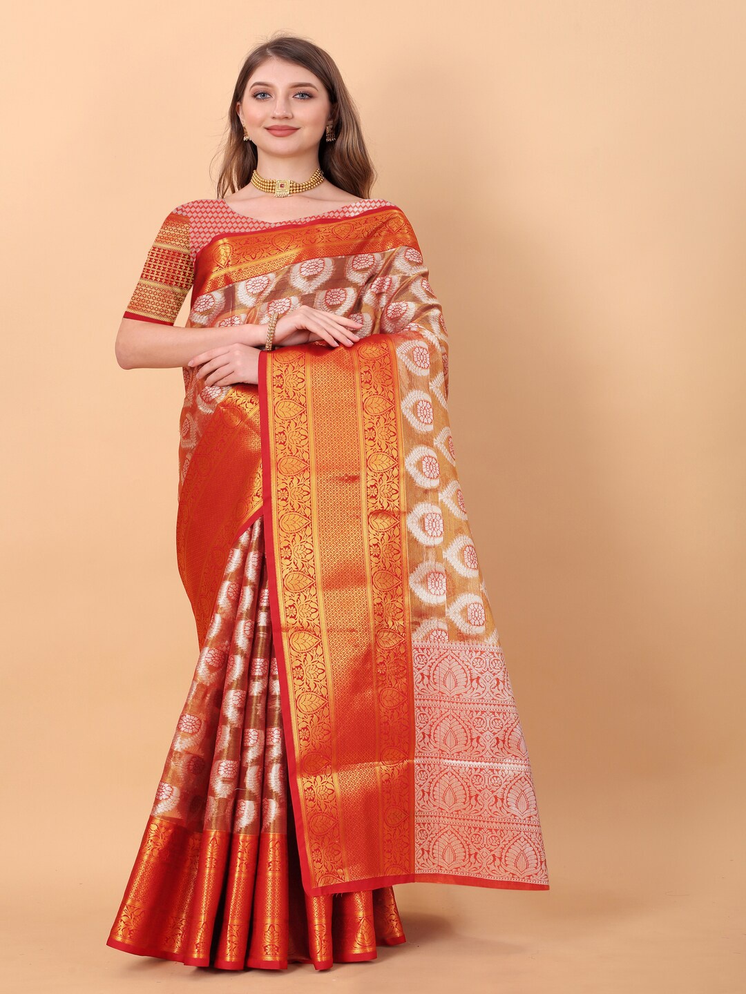 

MOKSHA DESIGNS Ethnic Motif Woven Design Zari Pure Silk Banarasi Saree, Orange