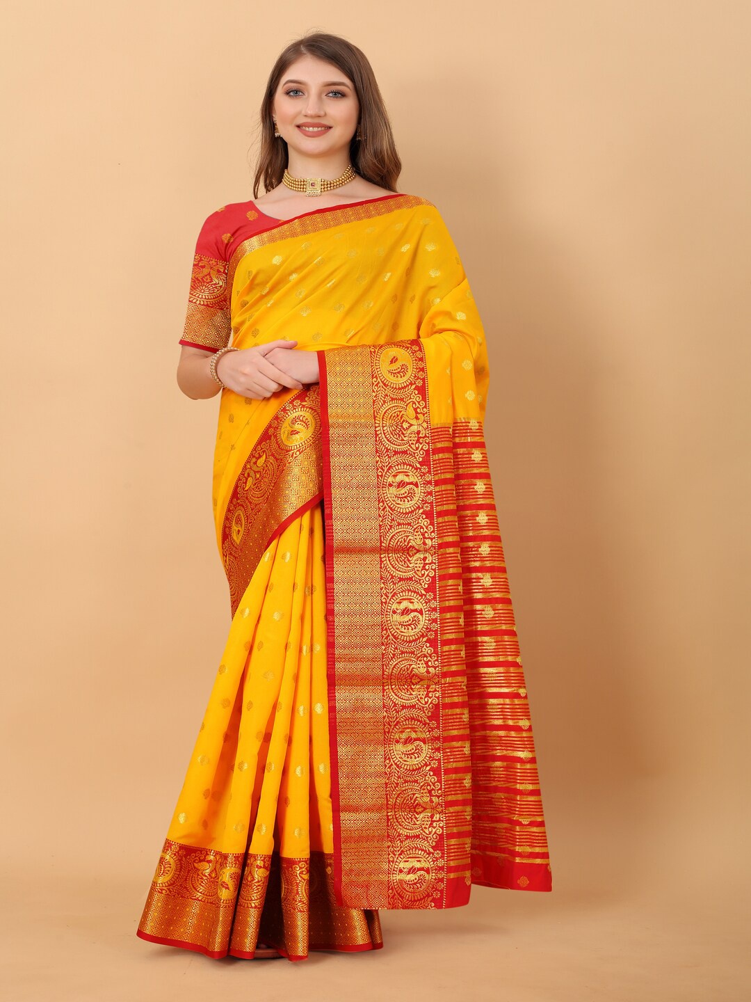 

MOKSHA DESIGNS Woven Design Zari Detailed Pure Silk Banarasi Saree, Yellow