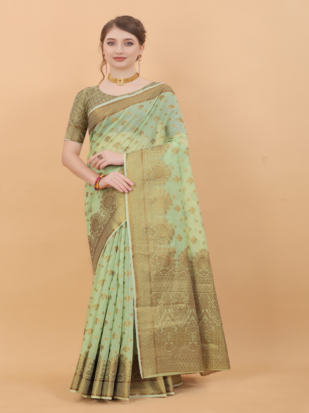 

MOKSHA DESIGNS Woven Design Zari Pure Silk Chanderi Saree, Green