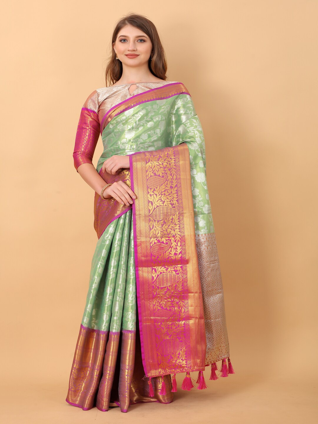 

MOKSHA DESIGNS Woven Design Zari Pure Silk Banarasi Saree, Green