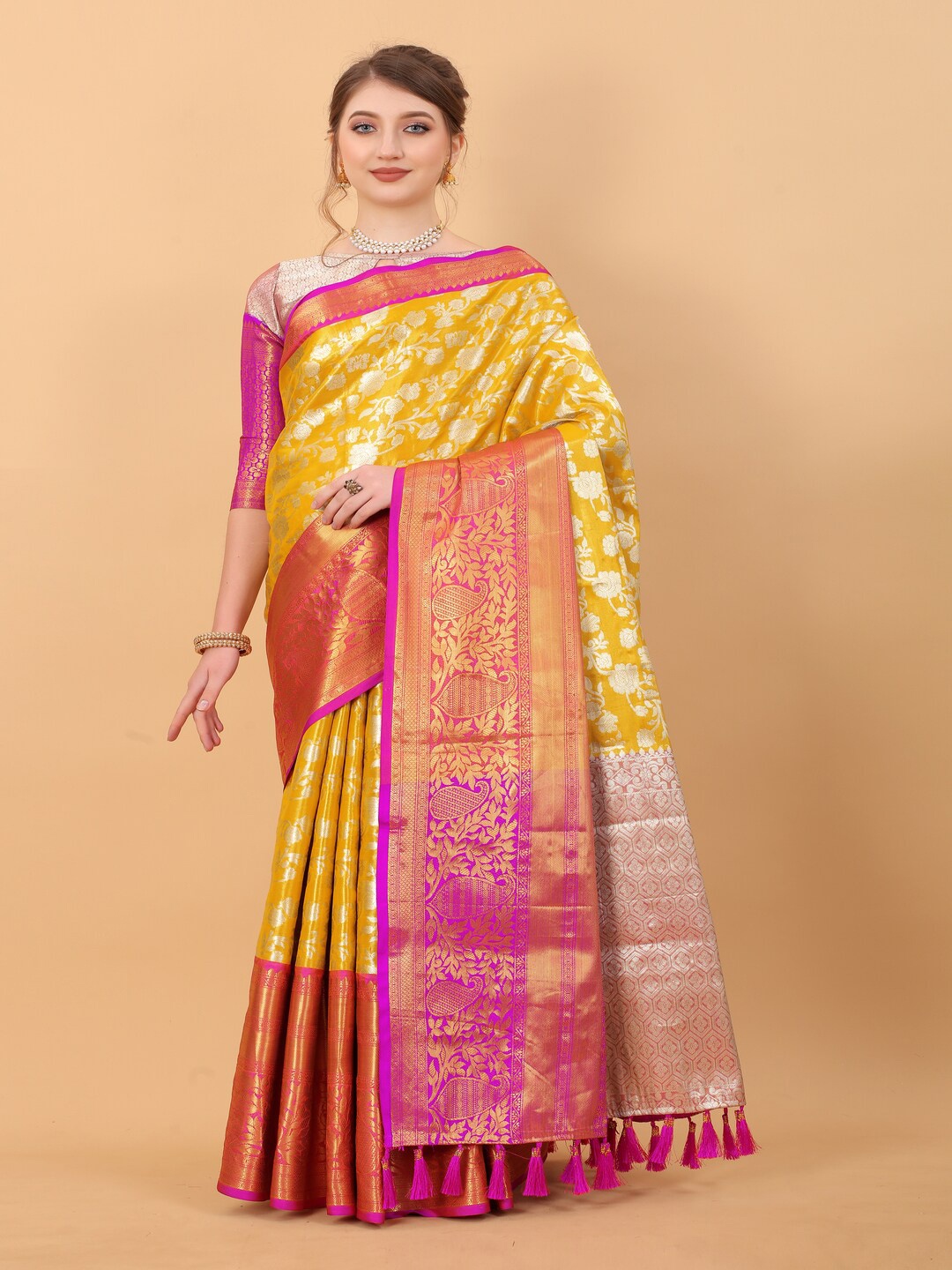 

MOKSHA DESIGNS Woven Design Zari Detailed Pure Silk Banarasi Saree, Yellow