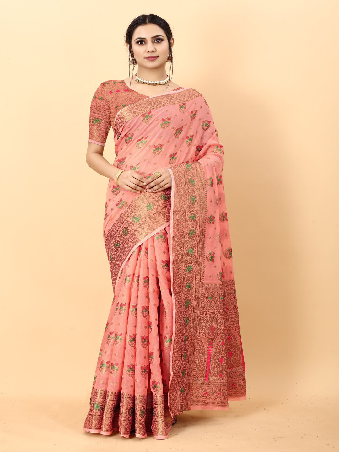 

MOKSHA DESIGNS Woven Design Zari Pure Silk Chanderi Saree, Peach