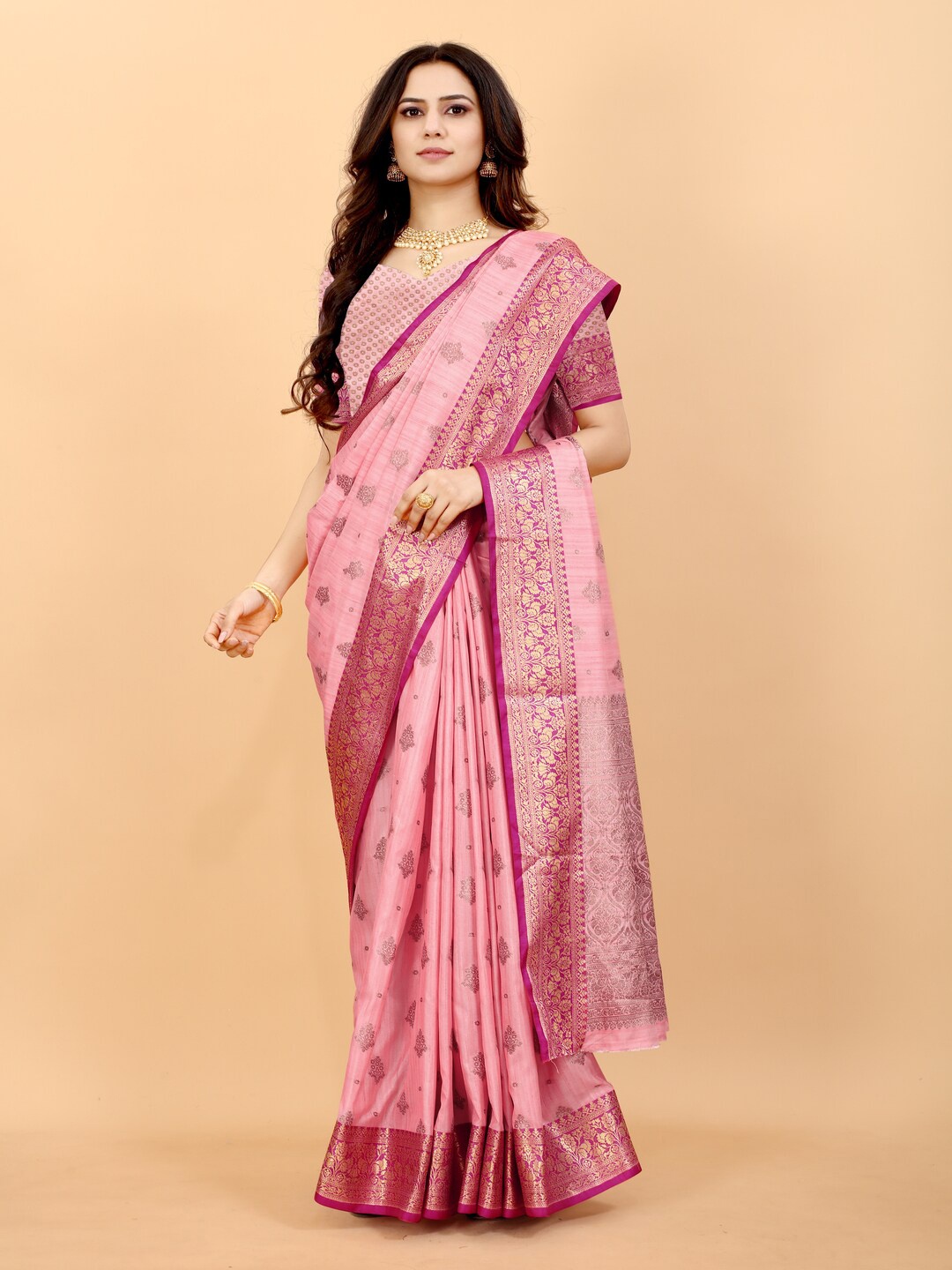 

MOKSHA DESIGNS Ethnic Motif Woven Design Zari Pure Silk Banarasi Saree, Pink