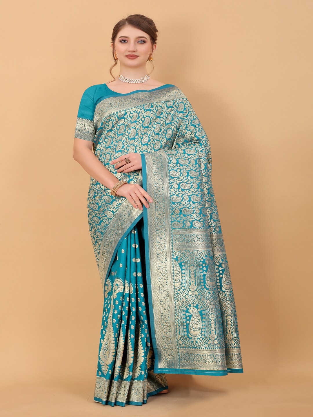 

MOKSHA DESIGNS Paisley Woven Design Zari Detailed Pure Silk Banarasi Saree, Blue