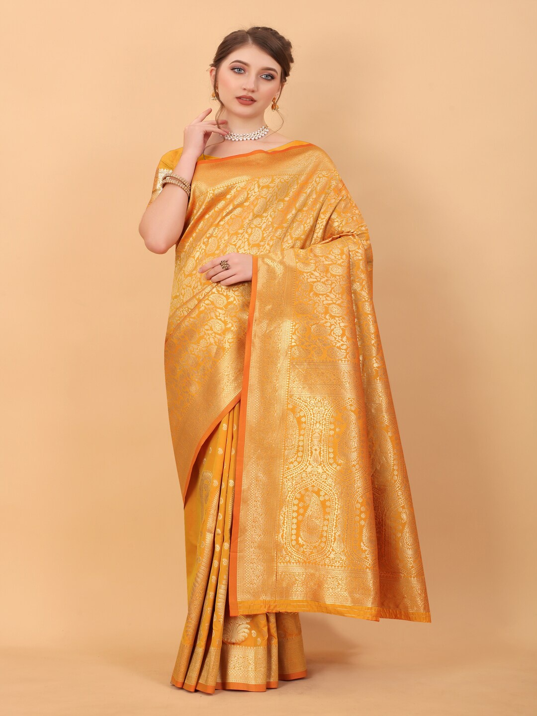 

MOKSHA DESIGNS Ethnic Motifs Woven Design Zari Pure Silk Banarasi Saree, Orange