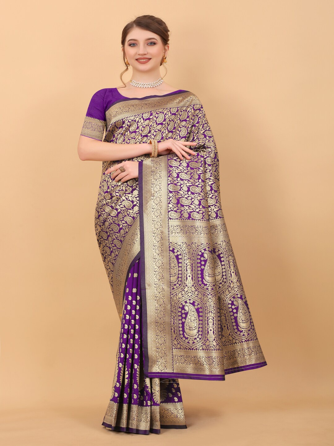 

MOKSHA DESIGNS Woven Design Zari Detailed Pure Silk Banarasi Saree, Purple