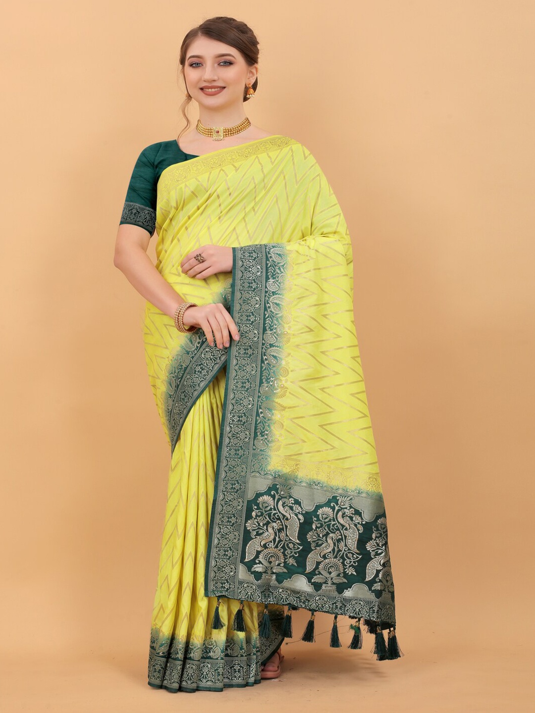 

MOKSHA DESIGNS Ethnic Motifs Woven Design Zari Pure Silk Banarasi Saree, Yellow