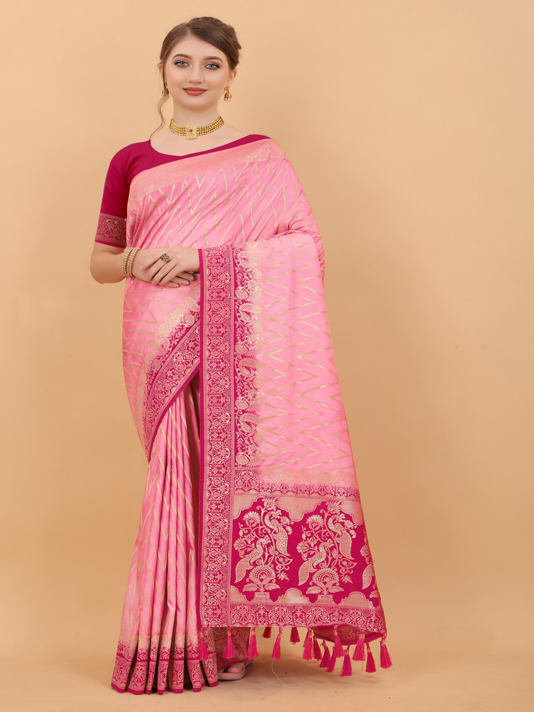 

MOKSHA DESIGNS Ethnic Motifs Woven Design Zari Pure Silk Banarasi Saree, Pink