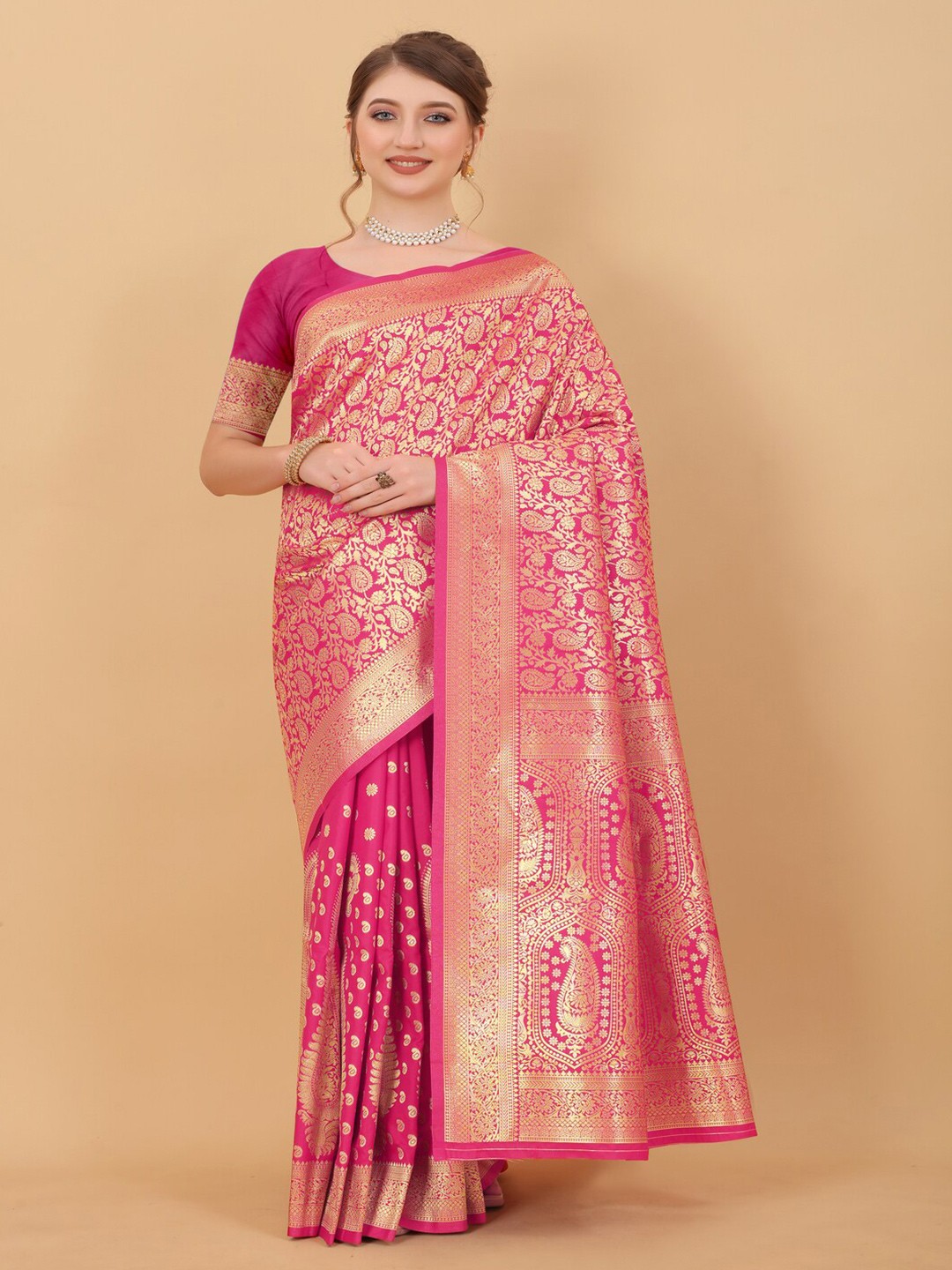 

MOKSHA DESIGNS Ethnic Motifs Woven Design Zari Pure Silk Banarasi Saree, Pink