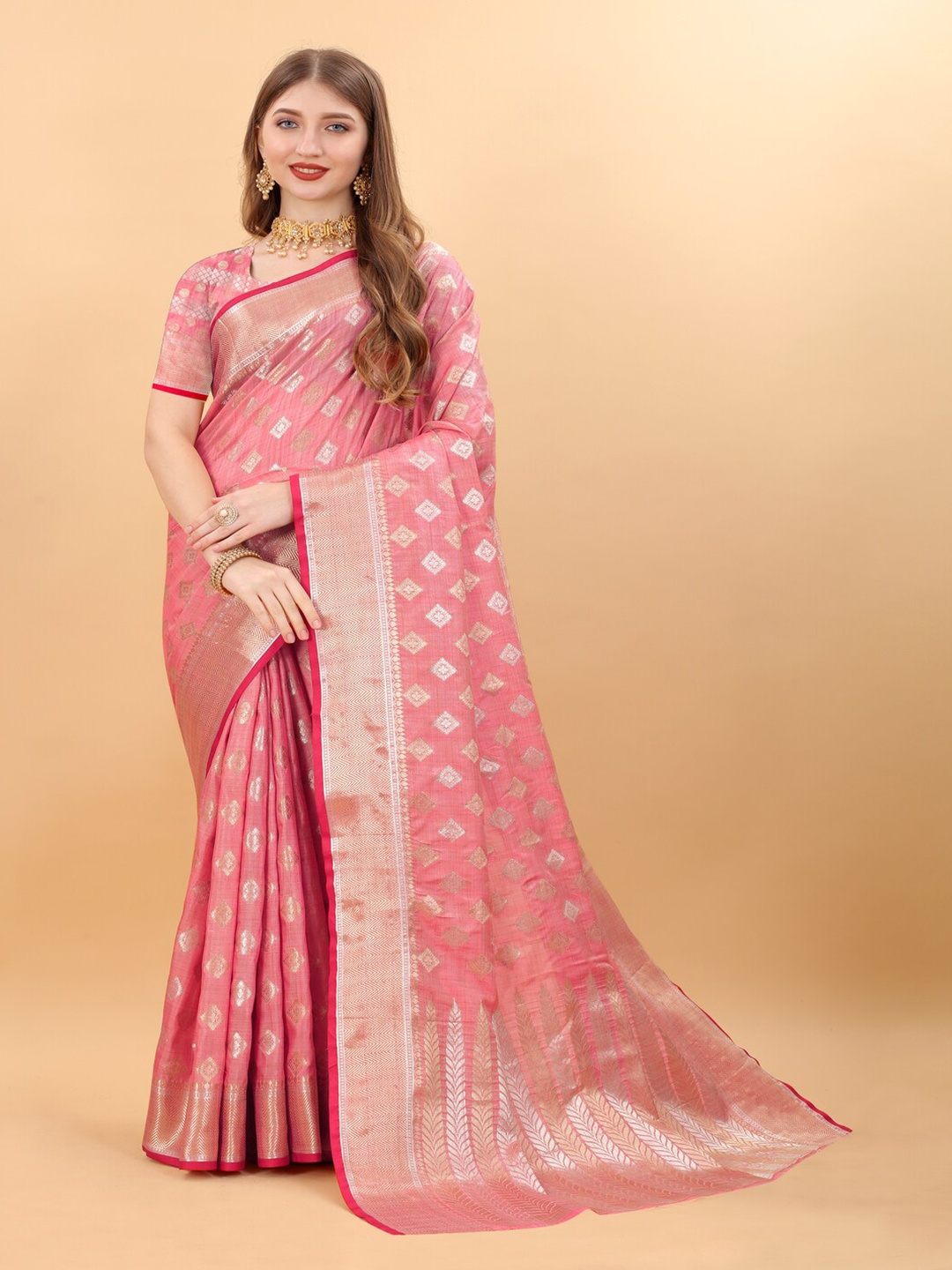 

MOKSHA DESIGNS Woven Design Zari Detailed Pure Silk Banarasi Saree, Pink
