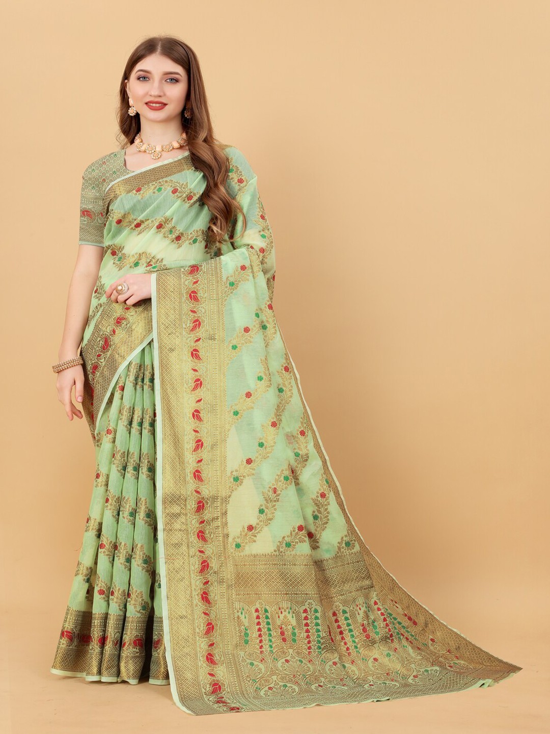 

MOKSHA DESIGNS Leheriya Pure Silk Maheshwari Saree, Green