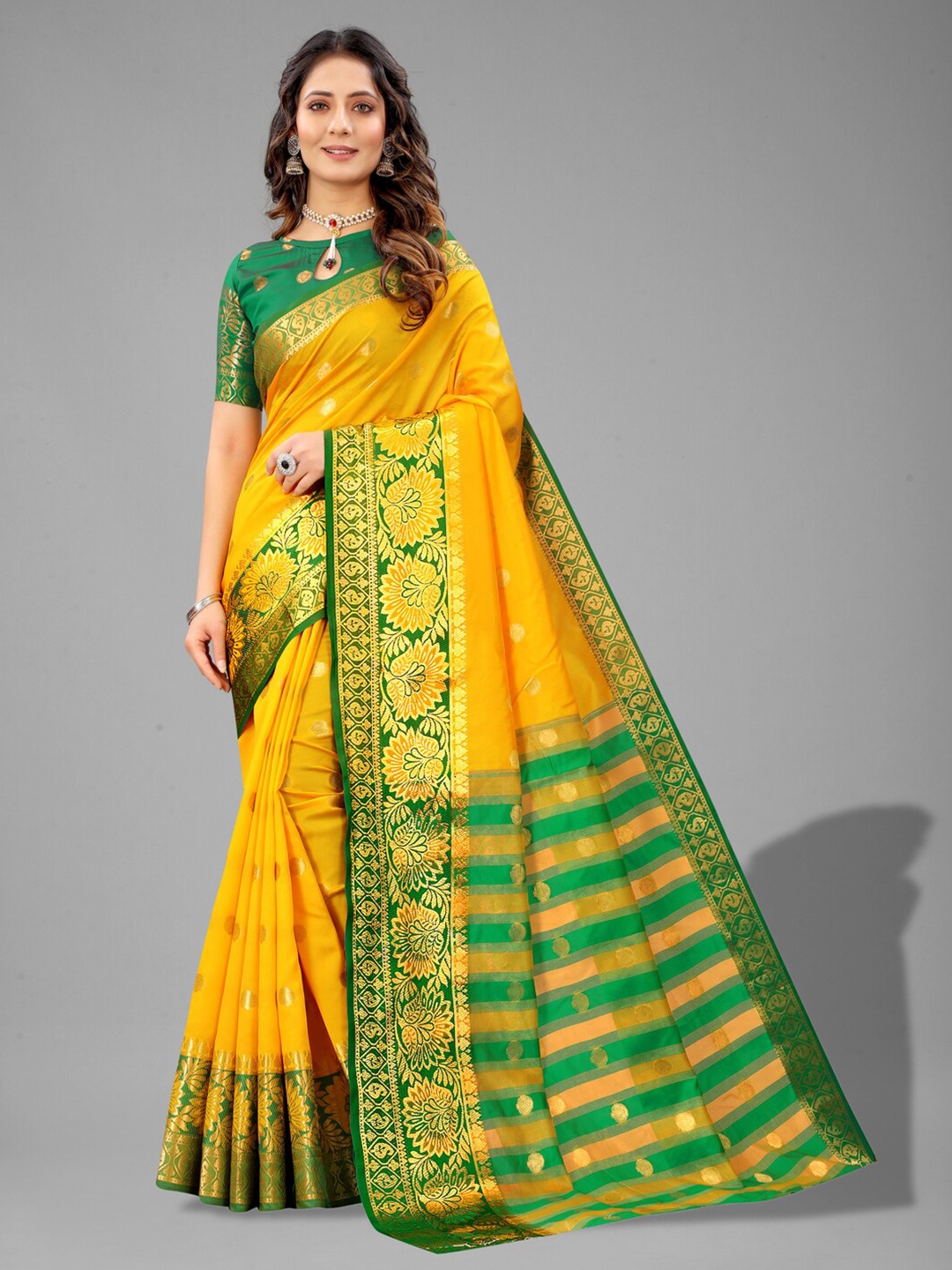 

MOKSHA DESIGNS Ethnic Motifs Woven Design Pure Silk Banarasi Saree, Yellow