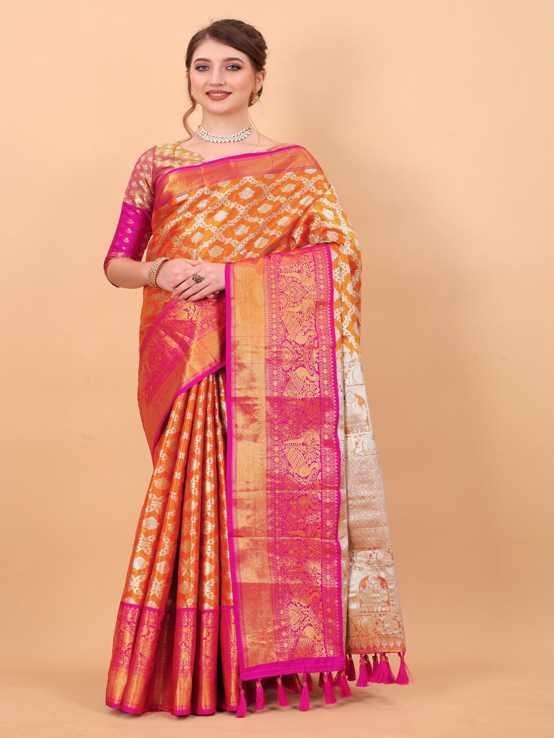 

MOKSHA DESIGNS Woven Design Zari Detailed Pure Silk Banarasi Saree, Orange