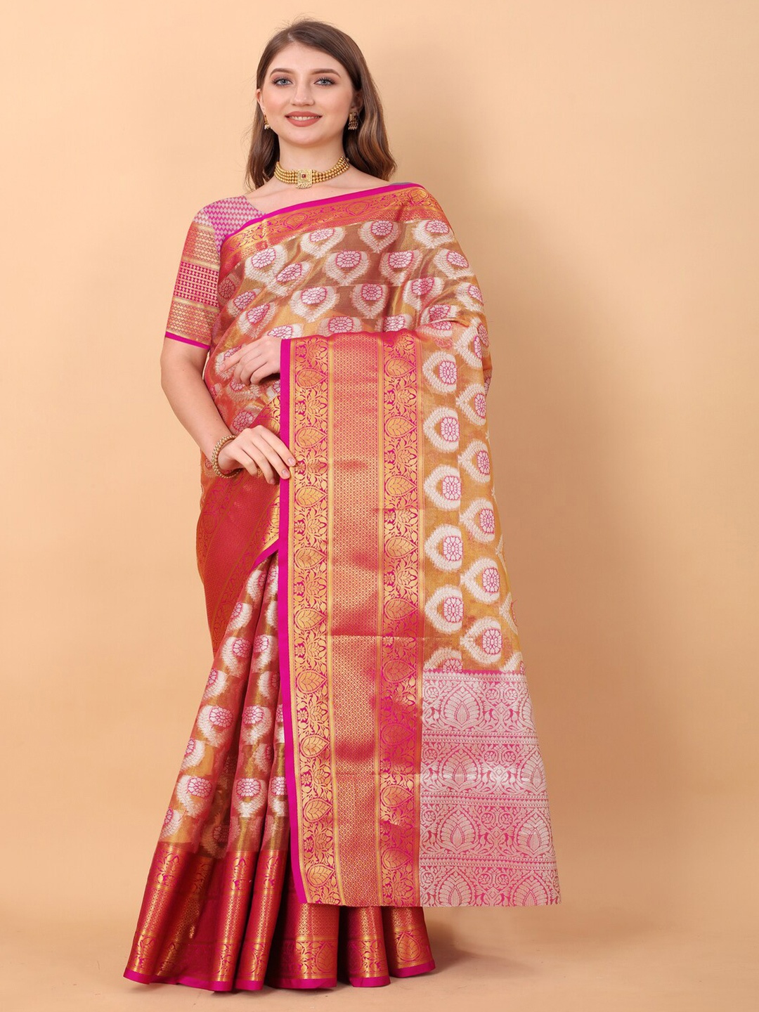 

MOKSHA DESIGNS Woven Design Zari Detailed Pure Silk Banarasi Saree, Pink