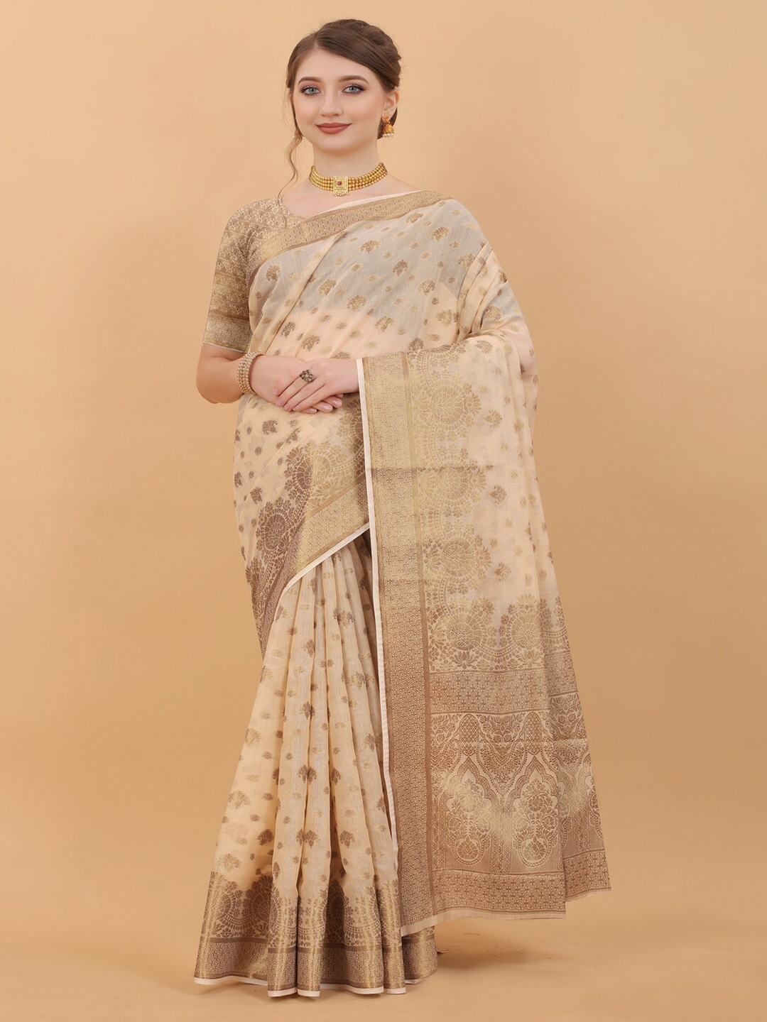 

MOKSHA DESIGNS Woven Design Pure Silk Chanderi Saree, Cream