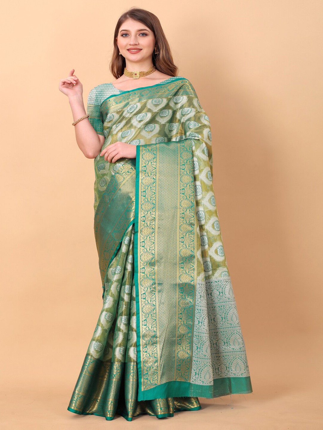 

MOKSHA DESIGNS Ethnic Motifs Woven Design Zari Pure Silk Banarasi Saree, Green