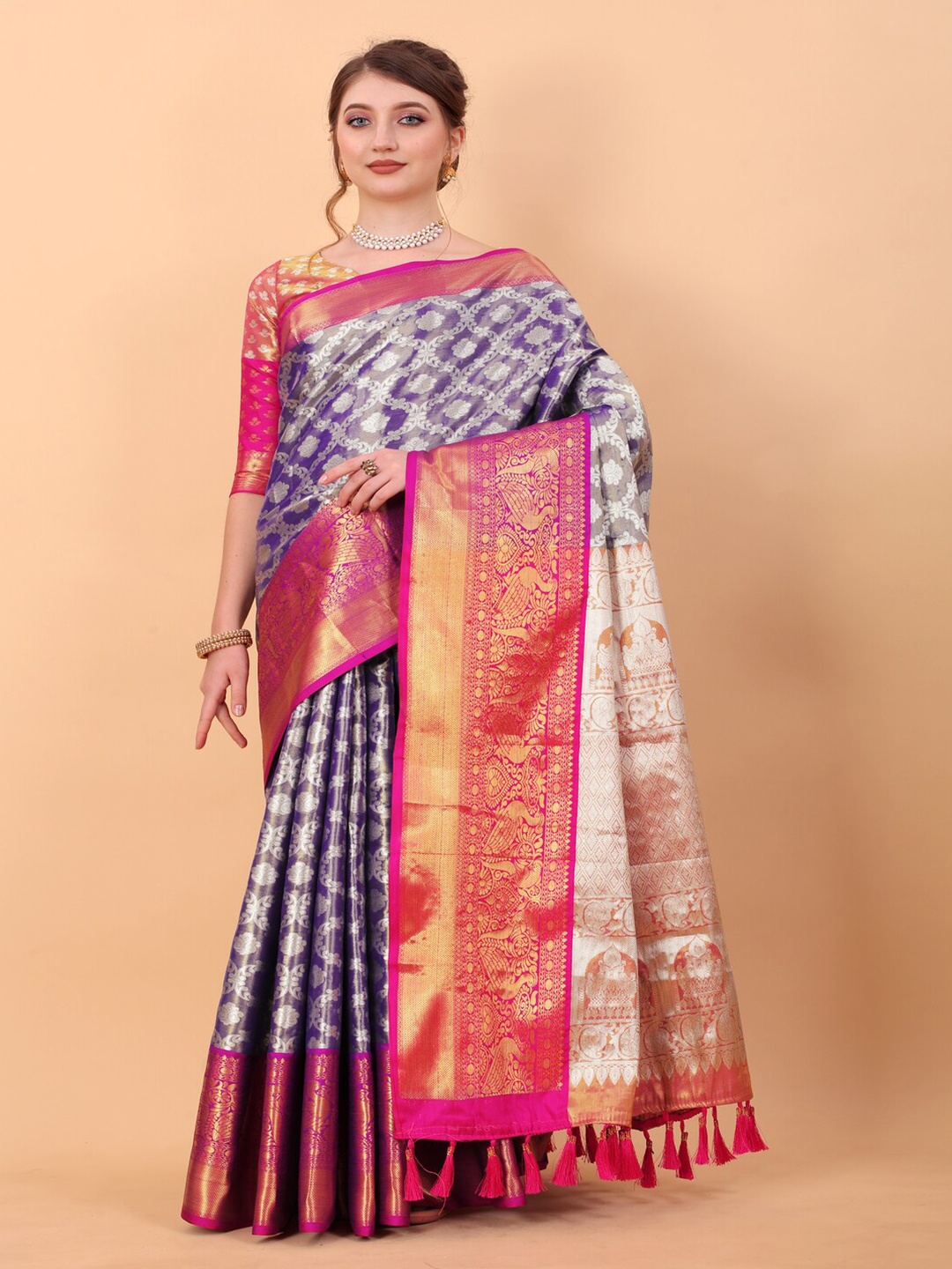 

MOKSHA DESIGNS Woven Design Zari Pure Silk Banarasi Saree, Navy blue