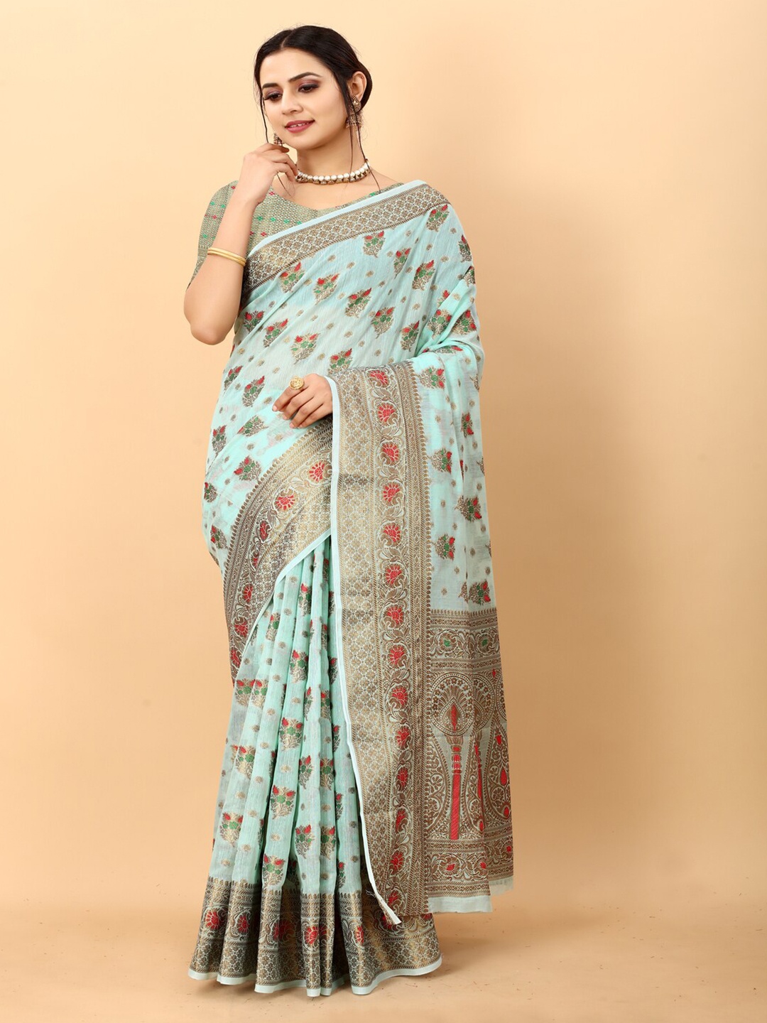 

MOKSHA DESIGNS Ethnic Motifs Woven Design Zari Pure Silk Chanderi Saree, Blue