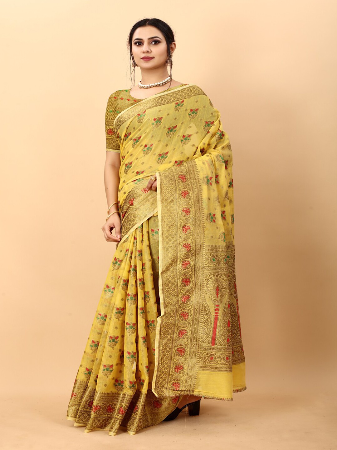 

MOKSHA DESIGNS Woven Design Zari Detailed Pure Silk Chanderi Saree, Yellow