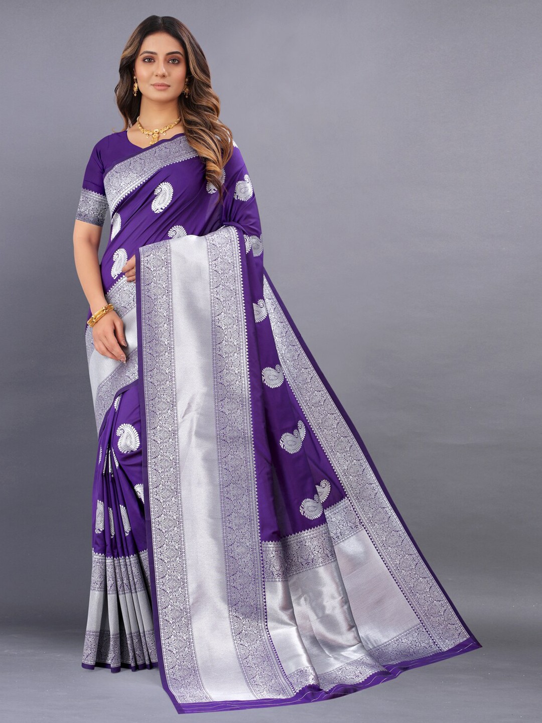 

MOKSHA DESIGNS Paisley Woven Design Zari Pure Silk Kanjeevaram Saree, Purple