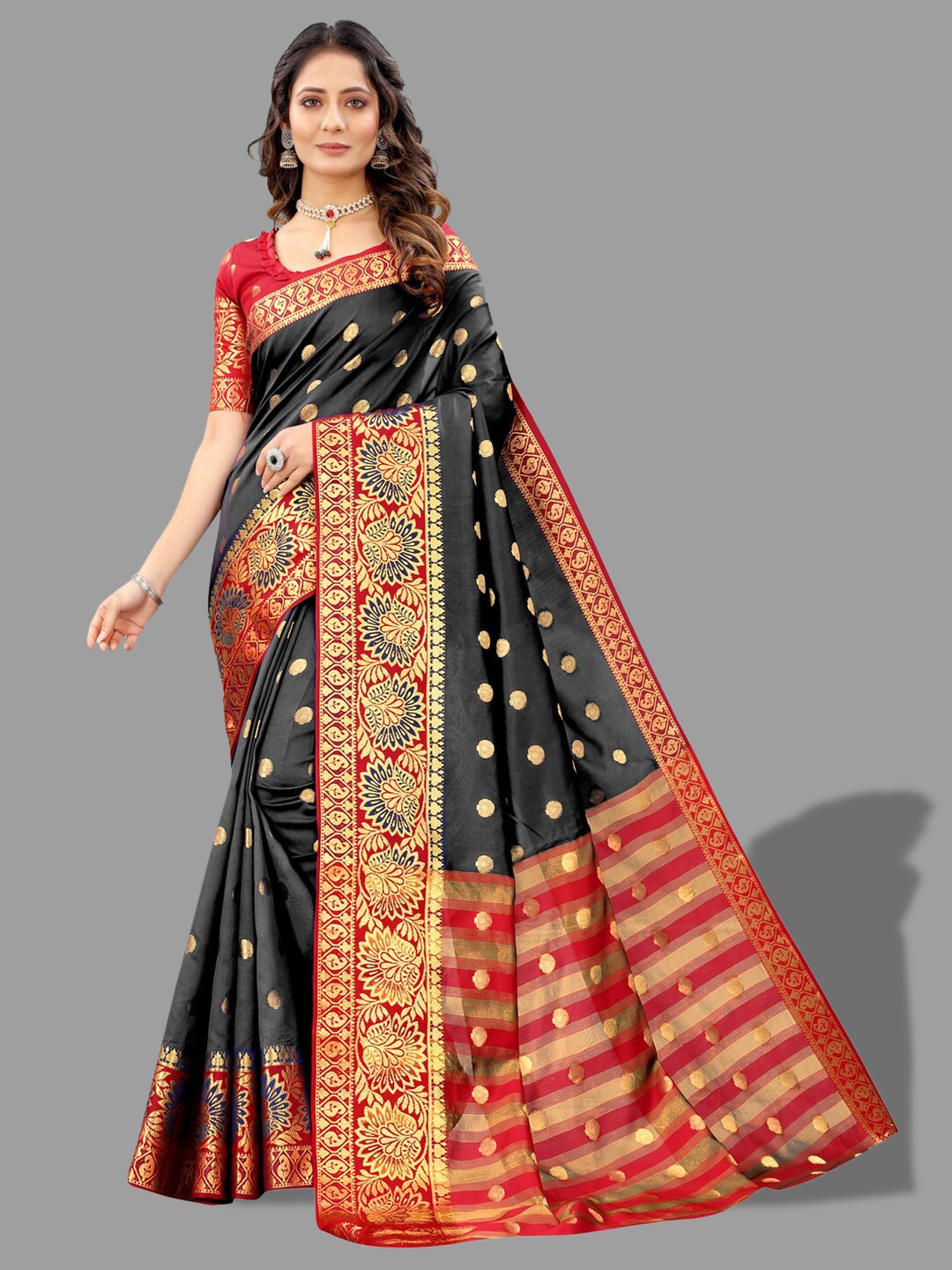 

MOKSHA DESIGNS Ethnic Motifs Woven Design Zari Pure Silk Banarasi Saree, Black