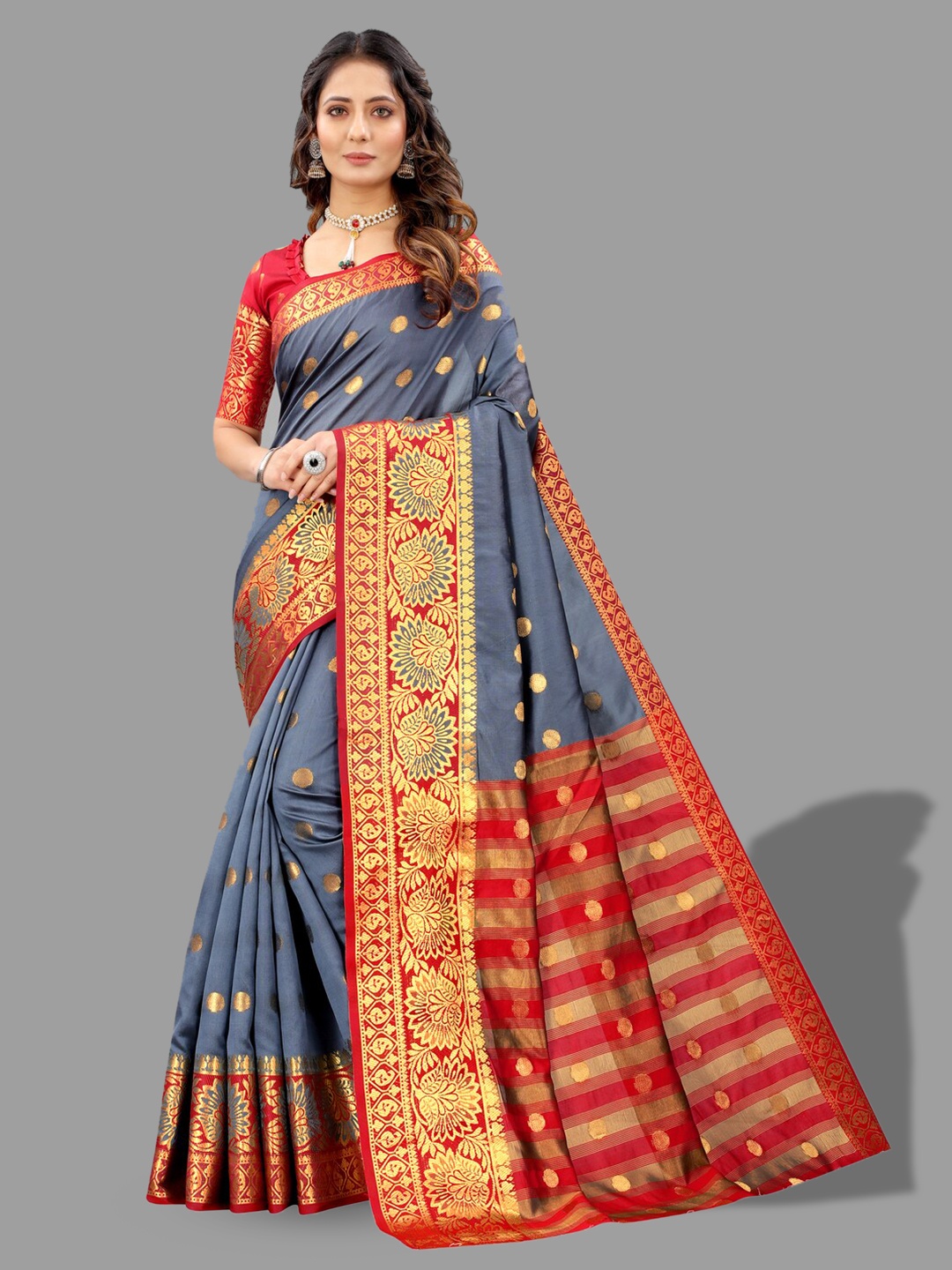 

MOKSHA DESIGNS Woven Design Zari Detailed Pure Silk Banarasi Saree, Grey