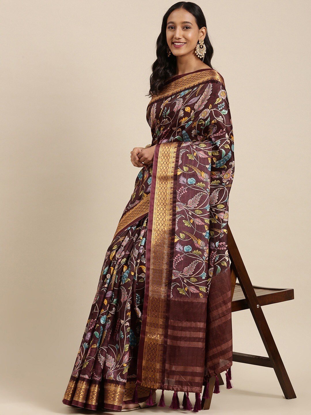 

MOKSHA DESIGNS Kalamkari Printed Zari Pure Silk Banarasi Saree, Brown