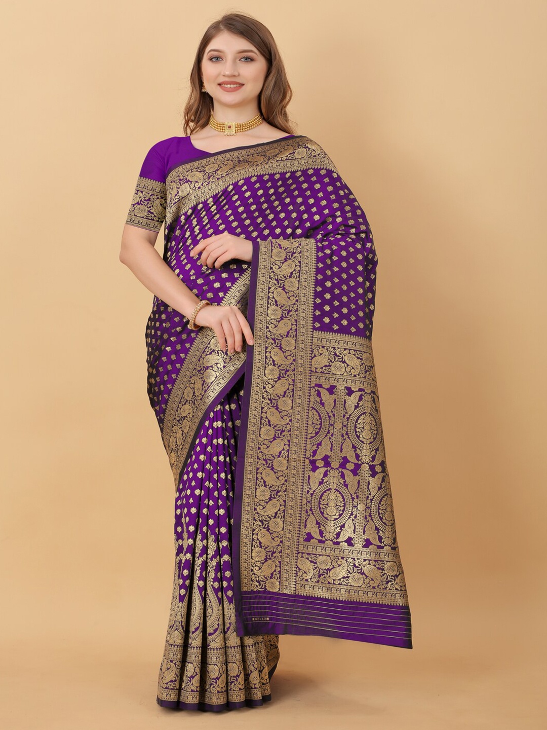 

MOKSHA DESIGNS Woven Design Zari Detailed Pure Silk Banarasi Saree, Purple