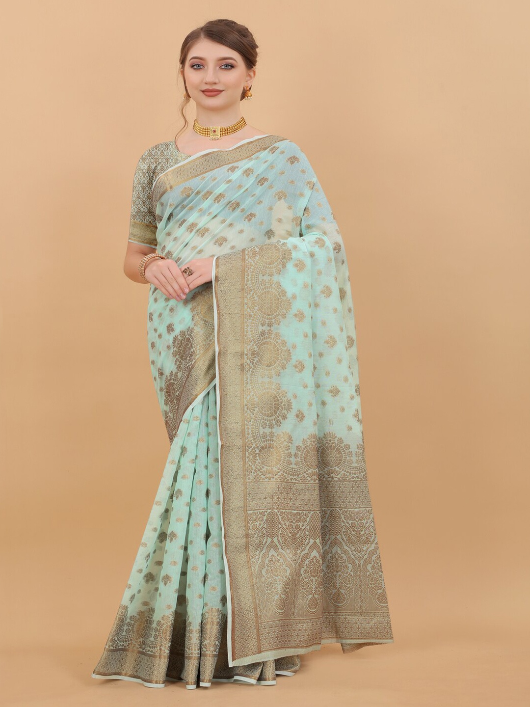 

MOKSHA DESIGNS Ethnic Motifs Woven Design Zari Pure Silk Banarasi Saree, Turquoise blue