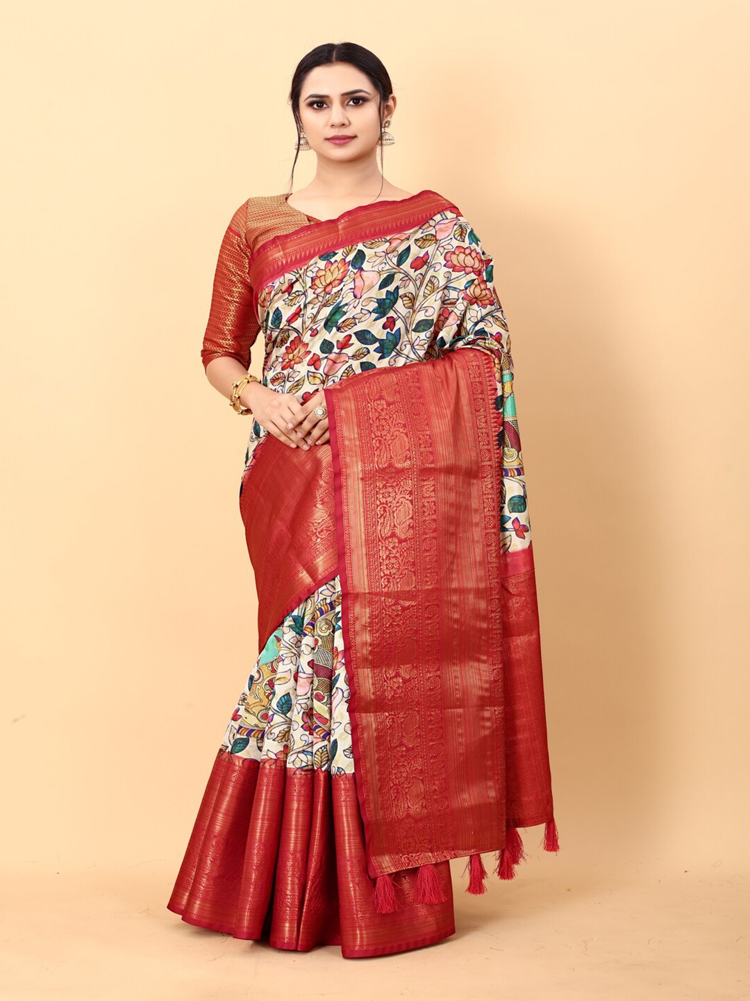 

MOKSHA DESIGNS Cream & Red Floral Printed Zari Pure Silk Banarasi Saree