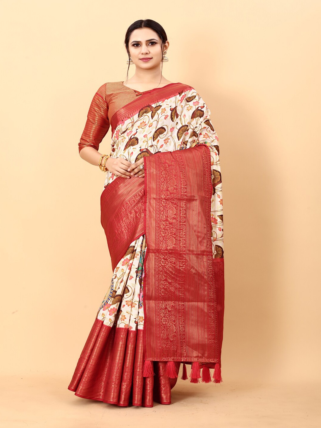 

MOKSHA DESIGNS Kalamkari Printed Zari Detailed Pure Silk Banarasi Saree, Cream