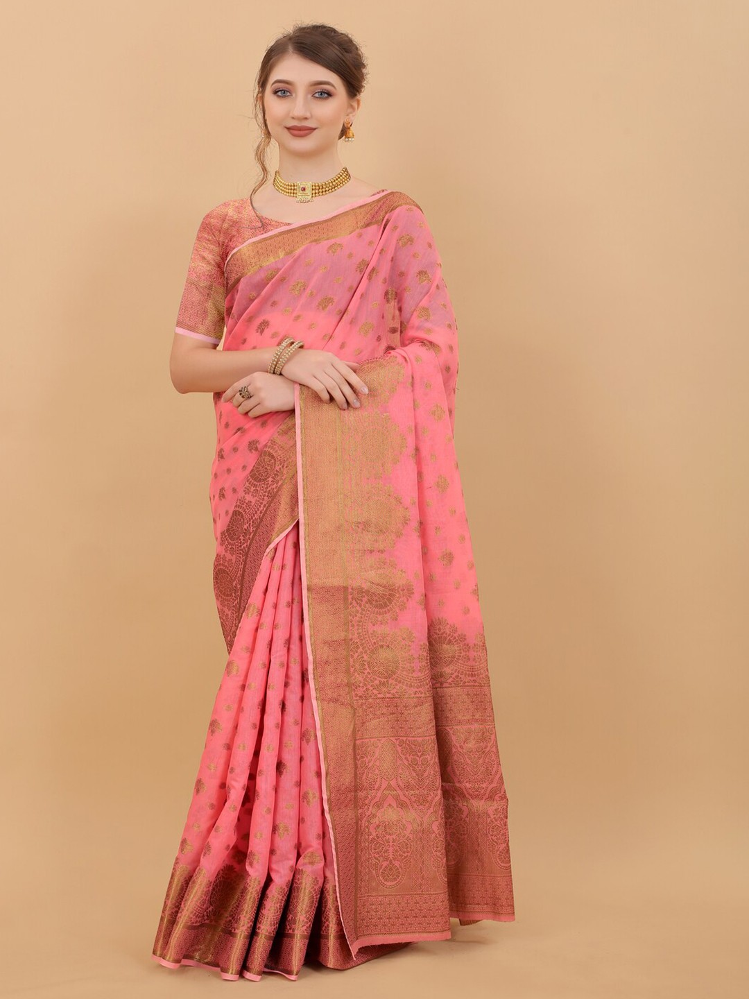 

MOKSHA DESIGNS Woven Design Zari Detailed Pure Silk Chanderi Saree, Red