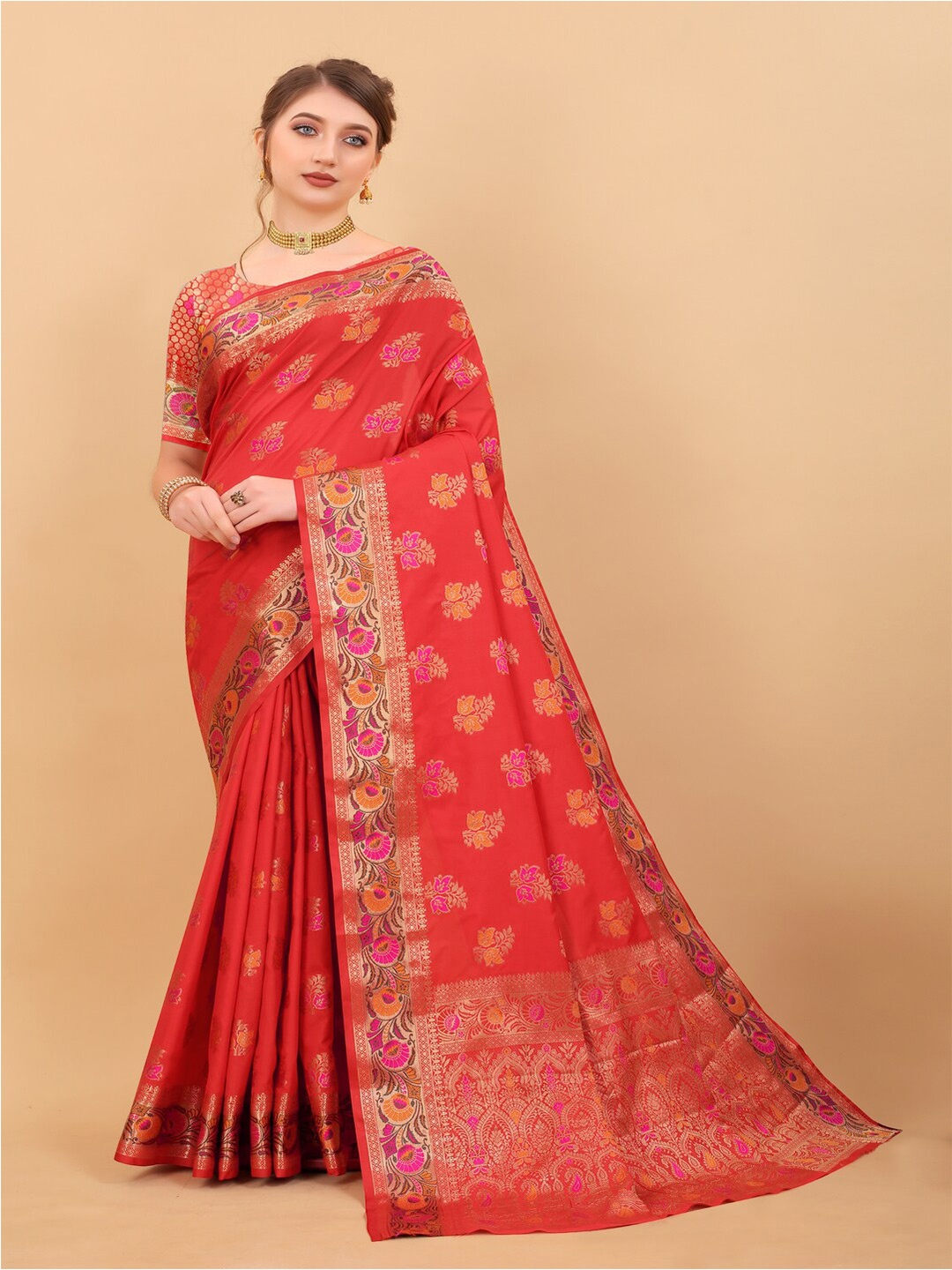 

MOKSHA DESIGNS Ethnic Motifs Woven Design Zari Pure Silk Banarasi Saree, Red