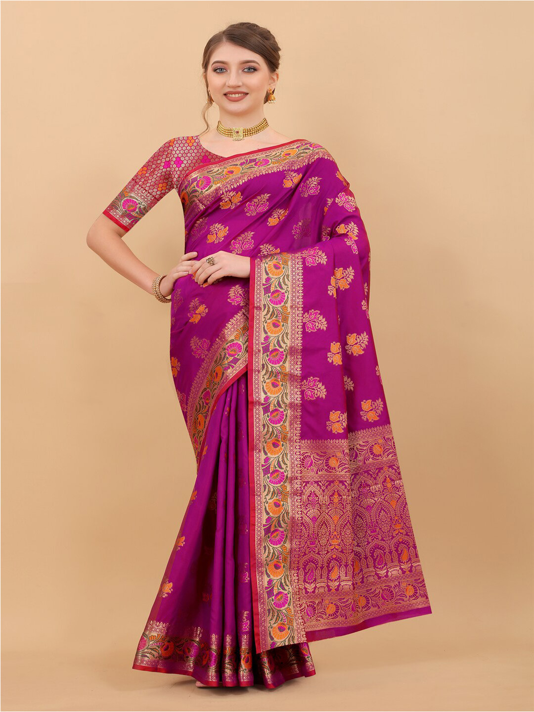 

MOKSHA DESIGNS Ethnic Motifs Woven Design Zari Pure Silk Banarasi Saree, Purple