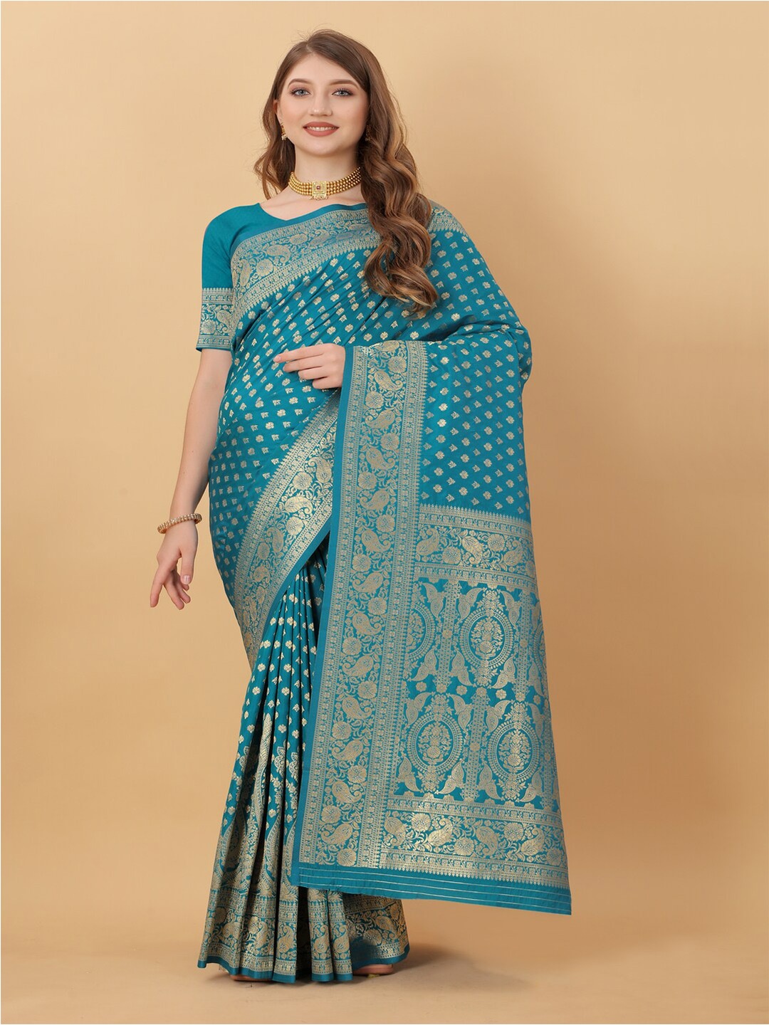 

MOKSHA DESIGNS Ethnic Motifs Woven Design Zari Pure Silk Banarasi Saree, Blue