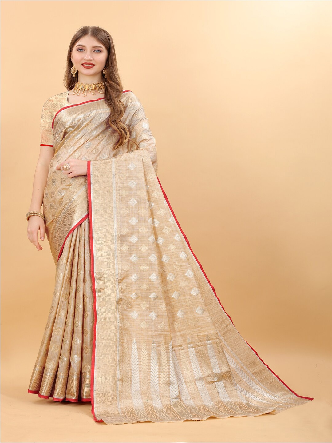 

MOKSHA DESIGNS Ethnic Motifs Woven Design Zari Pure Silk Banarasi Saree, Cream