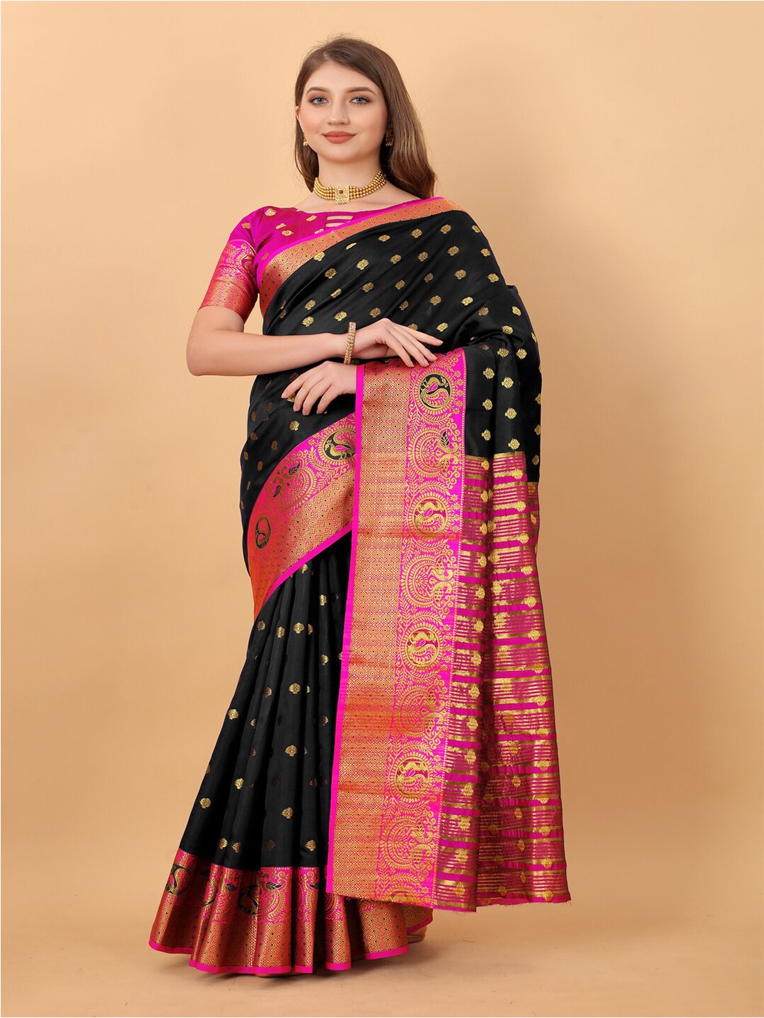 

MOKSHA DESIGNS Ethnic Motifs Woven Design Zari Pure Silk Banarasi Saree, Black