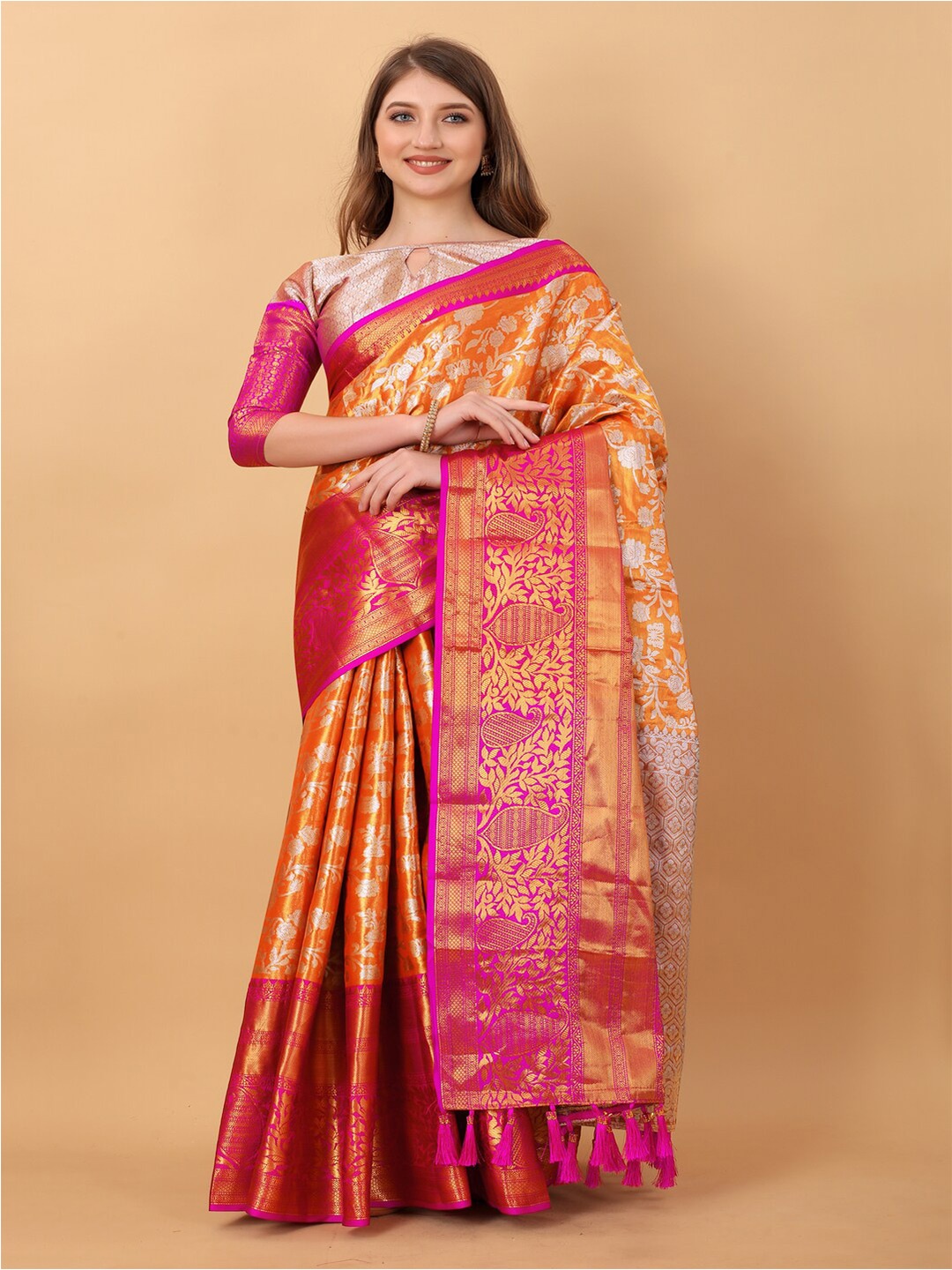 

MOKSHA DESIGNS Ethnic Motifs Woven Design Zari Pure Silk Banarasi Saree, Orange