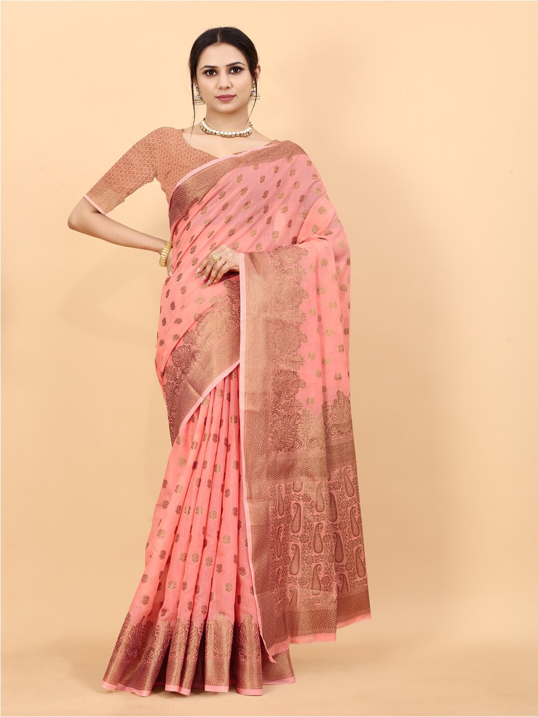 

MOKSHA DESIGNS Ethnic Motifs Woven Design Zari Pure Silk Chanderi Saree, Red